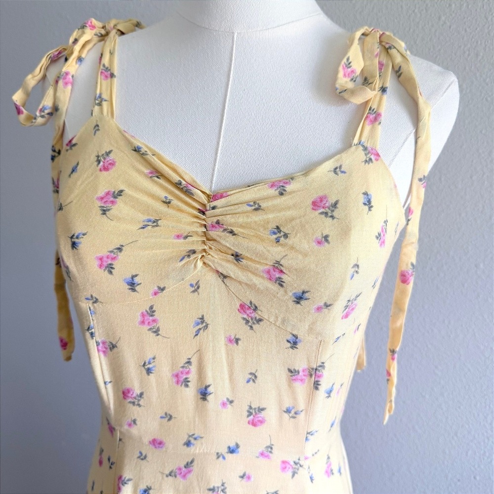 Romantic Yellow Floral Midi Dress Tie Shoulder Cottagecore Summer Slit Size XS